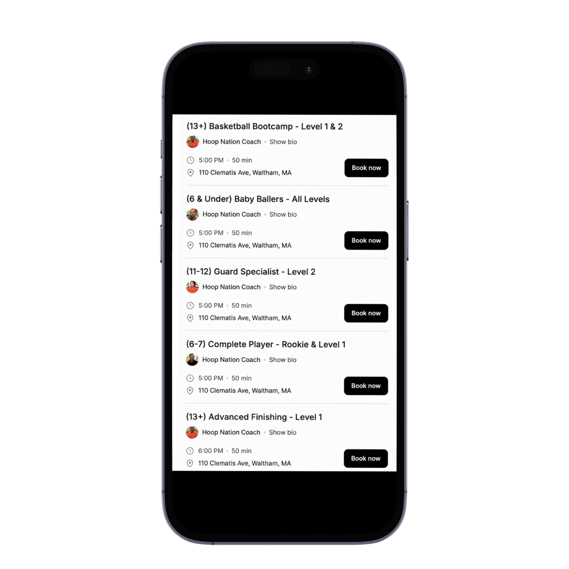Hoop Nation mobile app showing class schedule with Book now buttons